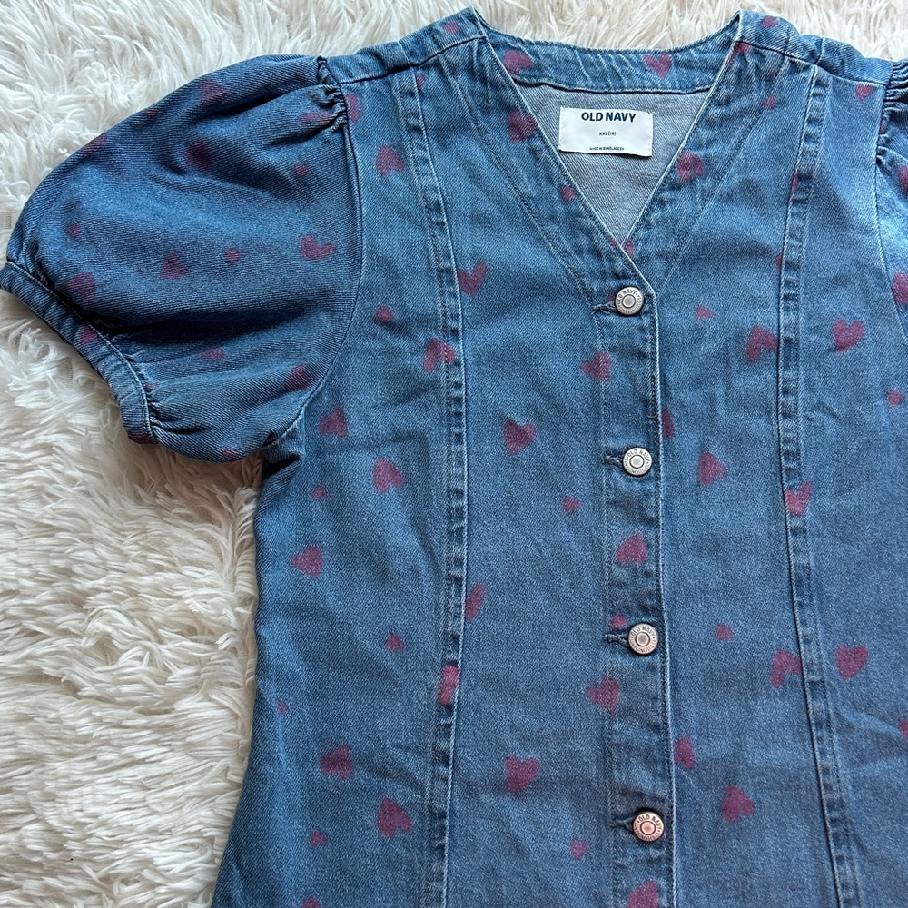 Girls Pink Hearts Printed Short-Sleeve Fit and Flare Jean Dress Size XXL 18-NEW